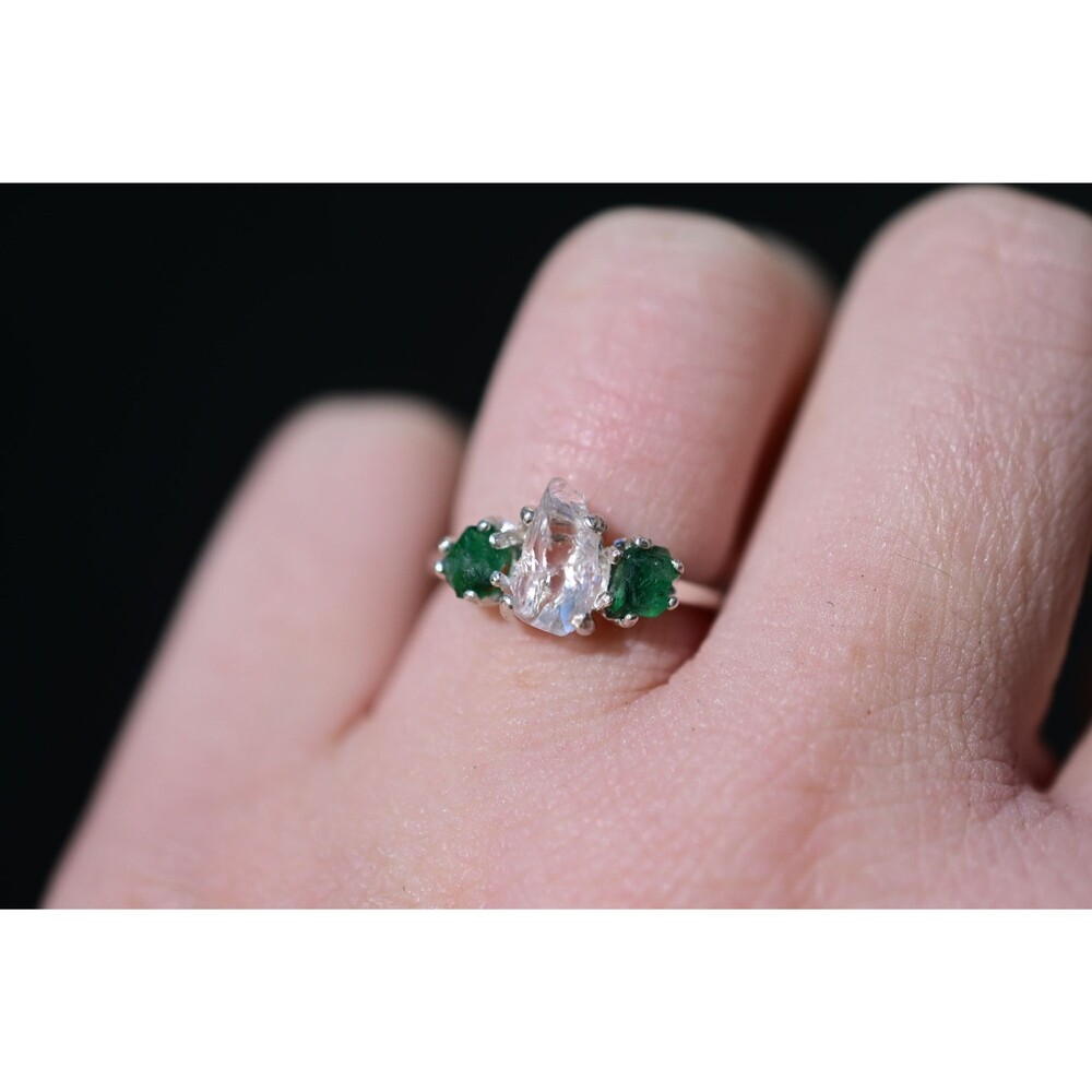 Engagement ring Raw Diamond Emerald  Rough Uncut Anniversary Silver Rustic daint